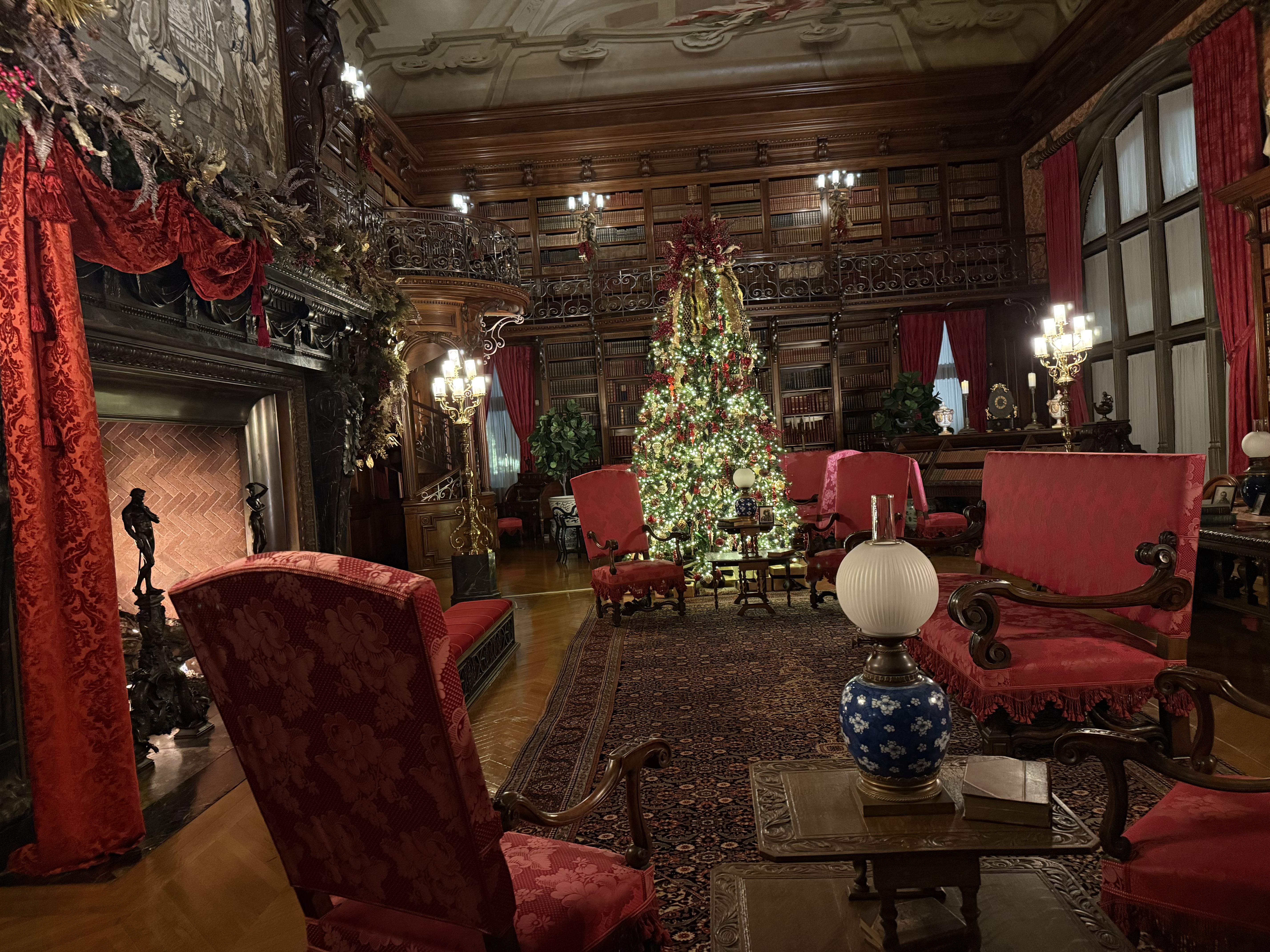 Biltmore Estate library decorated for Christmas