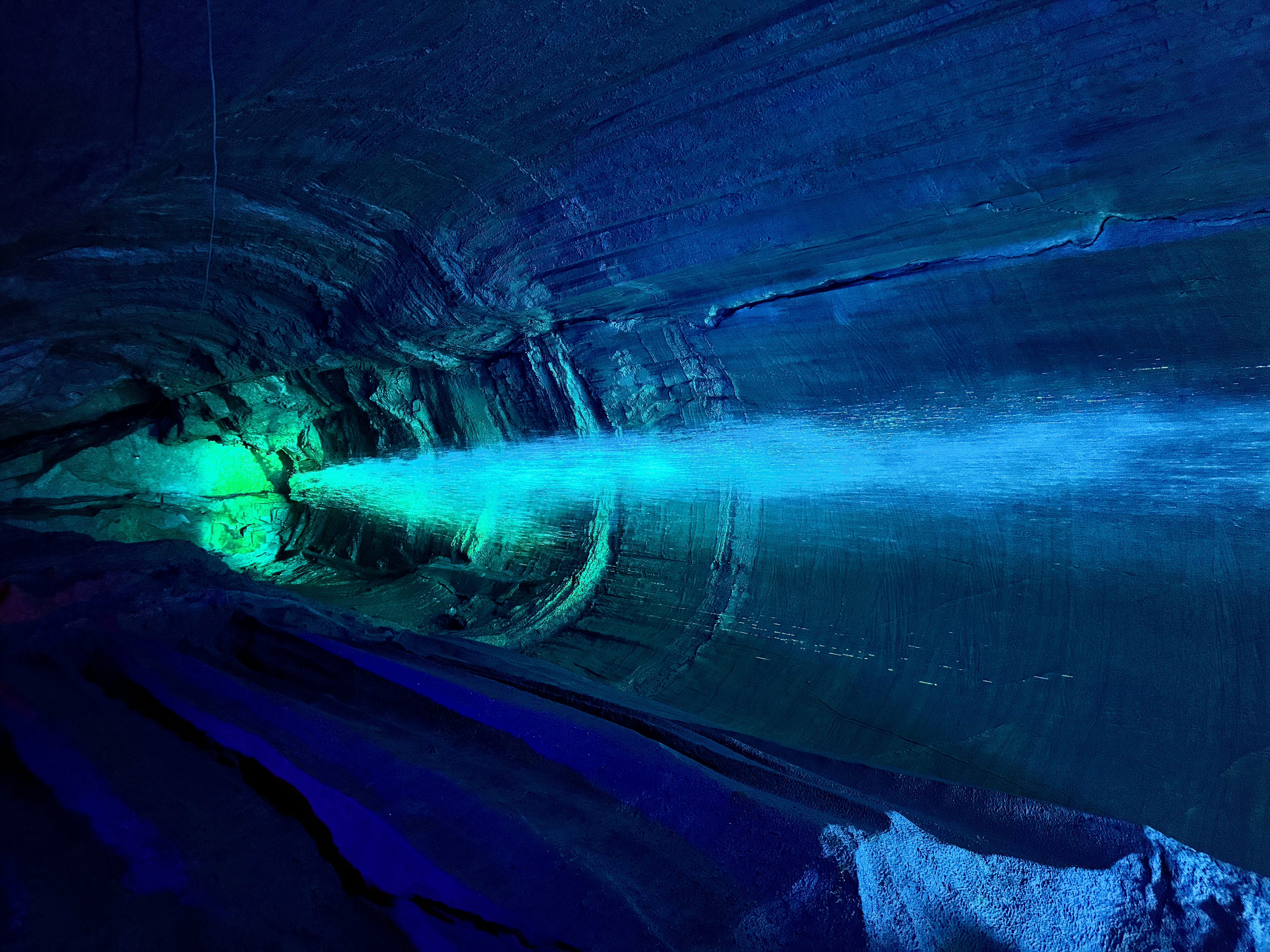 Ruby Falls cave with blue and teal lighting